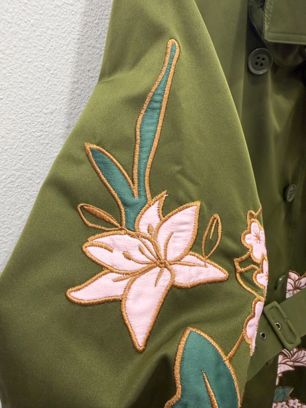 ONE OF A KIND — Iconic Floral Embroidered Olive Trench Coat | Size M - Picture 7 of 17